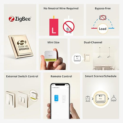 SONOFF MINI Duo-L Zigbee Smart Switch – No Neutral Wire, Zigbee 3.0, Dual Channel, Compact Design, Works with Alexa, Google Home