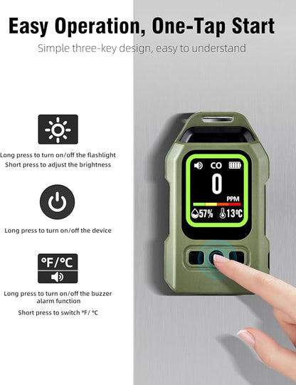 3-in-1 Portable Carbon Monoxide Detector.Visual Alarm for Camping,Travel,RV.More Than 300H Standby . Equipped With a Flashlight, Magnetic Back and Hook.Featuring CO, Temperature and Humidity Sensors