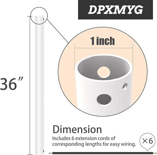 DPXMYG 36 inch Ceiling Fan Downrod with Extension Cord, 3 FT White Downrod for Ceiling Fan, 1 inch Outside Diameter, Ceiling Fan Boom Suitable for a Wide Range of Fans (White, Not Threaded)