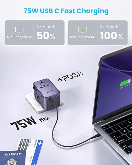 Universal Travel Adapter, VINTAR 75W GaN International Power Adapter with 3 USB-C PD and 2 USB-A QC Chrging Ports, All-in-one Outlet Converter Wall Charger for Europe UK USA AUS(Type C/G/A/I), Purple