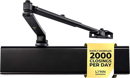 LYNN HARDWARE Heavy Duty Automatic Door Closer (Black) - Commercial Grade, Contractors Choice, Adjustable Speed & Force, Delayed Closing Timer, 3 Mounting Options, 3 Hour Fire Rated (DC8016 Model)