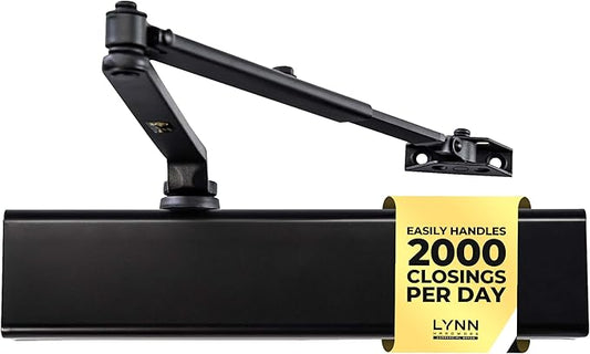LYNN HARDWARE Heavy Duty Automatic Door Closer (Black) - Commercial Grade, Contractors Choice, Adjustable Speed & Force, Delayed Closing Timer, 3 Mounting Options, 3 Hour Fire Rated (DC8016 Model)