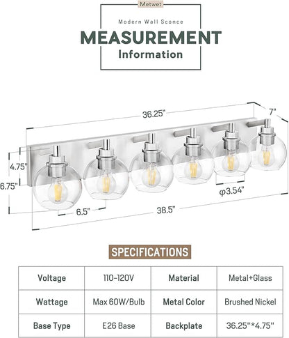 METWET Bathroom Light Fixtures, 6 Light Brushed Nickel Vanity Light, 38 Inch Modern Wall Sconces with Globe Clear Glass Shade, Vanity Lighting Fixtures Over Mirror, VL195-BN-6