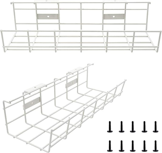 COYACOOL Under Desk Cable Tray - 2 Pack Cable Raceway for Wire Management. Metal Wire Organizer for Office, Studio and Home. Super Sturdy Cord Organizer for Desk - White Cable Management Under Desks