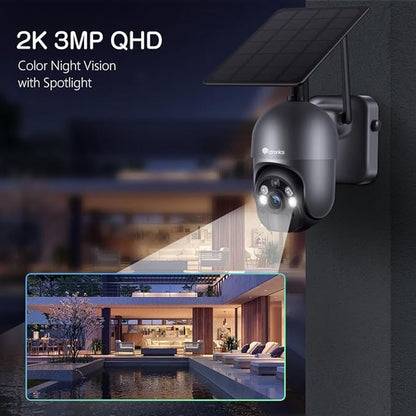 Ctronics 3MP Solar Security Camera Wireless Outdoor WiFi, PTZ Surveillacne Camera Battery-Powered for Home Security, 360° View, LED Light Color Night Vision, PIR Human Detection, 2-Way Audio (Grey)