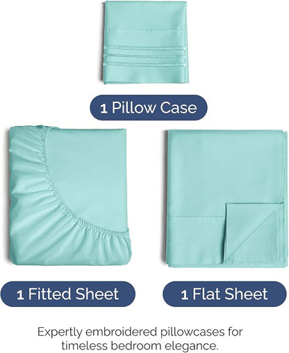 Twin Size 3 Piece Sheet Set - Comfy Breathable & Cooling Bed Sheets Set - Hotel Luxury Bedding for Women, Men, Kids, Teens, Boys & Girls - Deep Pockets, Ultra-Soft, Wrinkle Free - Oeko-Tex - Spa Blue