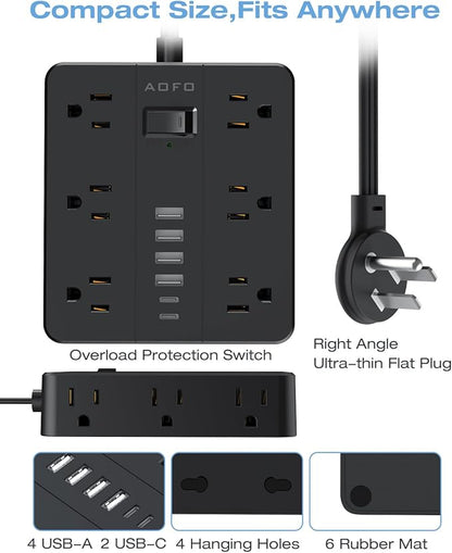 AOFO 10FT Surge Protector Power Strip,12 AC Outlets with 6 USB Ports (2 USB-C), Flat Plug Extension Cord with Multiple Outlets, Wall Mount for Home Office,Dorm,Black
