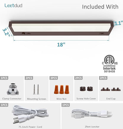 Leetdud Under Cabinet Lighting Plug in or Hardwired Built-in Dimmer, 18 Inch 9W, 5CCT 2700/3000/3500/4000/5000K, Linkable Counter Lights for Kitchen, ETL Dimmable LED Light Fixture, Bronze