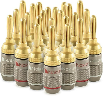 Nakamichi FanLock Excel Series 24k Gold Plated Banana Plugs 10 AWG - 18 AWG Gauge Size 4mm for Speakers Amplifier Hi-Fi Stereo Home Theatre Radio Audio Wire Cable Quick Connector, 24 Pcs (12-Pairs)