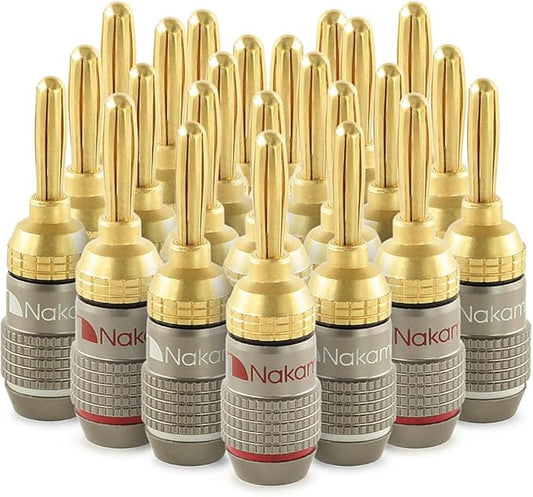 Nakamichi FanLock Excel Series 24k Gold Plated Banana Plugs 10 AWG - 18 AWG Gauge Size 4mm for Speakers Amplifier Hi-Fi Stereo Home Theatre Radio Audio Wire Cable Quick Connector, 24 Pcs (12-Pairs)