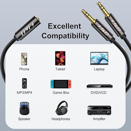 J&D 1/8 Inch TRS Stereo Y Splitter Cable, Gold Plated Copper Shell 3.5mm Female to Dual Male Adapter, Only Suitable for Switching, 3.3 Feet