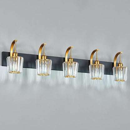 FDPBY Modern Bathroom Vanity Light, 5-Light Black Gold Wall Sconce with Crystal Accents, Over Mirror Bathroom Lighting Fixture, 42.52" Long Dimmable Vanity Lamp for Makeup, Easy Installation