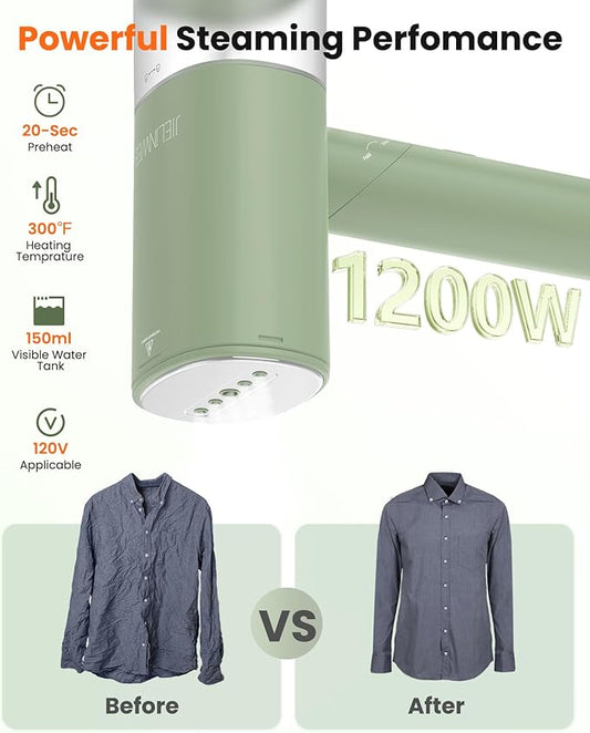 Handheld Steamer for Clothes, 1200W Foldable Travel Steamer, 20 Sec Preheat Garments Wrinkle Remover, 120V Portable Hand Iron with 150ml Water Tank, Clothes Steamer for Home Travel-Green