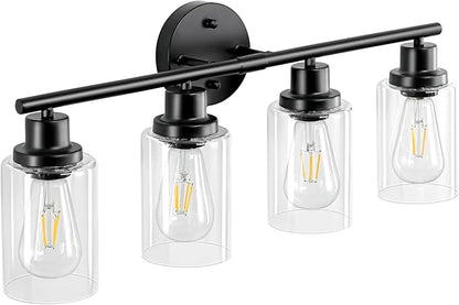 Guliaofo 4-Light Black Bathroom Light Fixtures, E26 Modern Vanity Lights for Bathroom with Clear Glass Shade, Wall Lamps for Mirror Hallway Kitchen Cabinet Living Room Sconces Lights