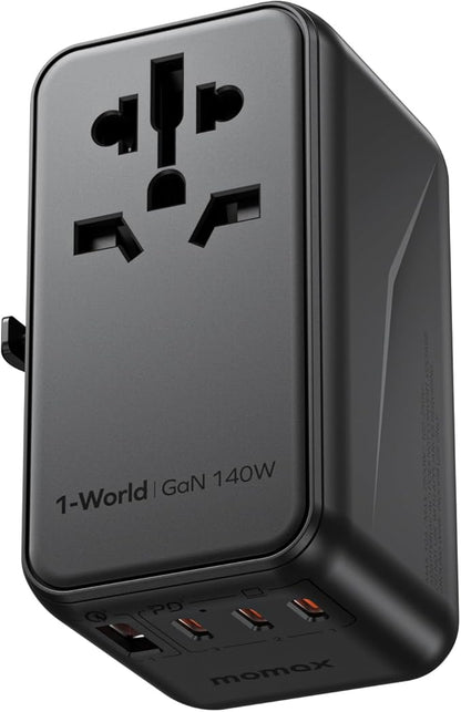 MOMAX 140W Universal Travel Adapter, GaN Technology, EU/UK/AUS/US/JP Worldwide, Fast Charging for iPhone, MacBook pro, Vision Pro, Charging Cable Included