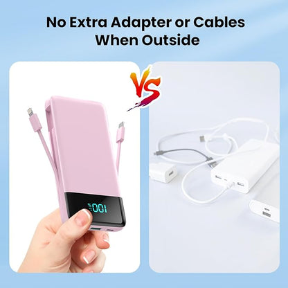 Portable Charger for iPhone with Built in Cables and Wall Plug,Upgraded 13800mAh Fast Charging USB C Power Bank,4 Outputs Travel Essential Battery Pack Compatible with iPhone 15/14/13/12,Samsung-Pink