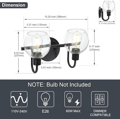 WINSHEN Black 2-Lights Wall Sconce Lighting with Seeded Glass Lampshades Industrial Bathroom Vanity Light Fixtures for Hallway Kitchen Bedroom
