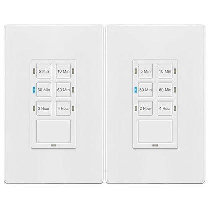 TG 4 Hour Countdown Timer Switch, 5-10-30-60 Min, 2-4 Hour, in Wall Timer Switch for Bathroom Fans, Lights, 120VAC Neutral Wire Required, UL Listed, White, 2 Pack