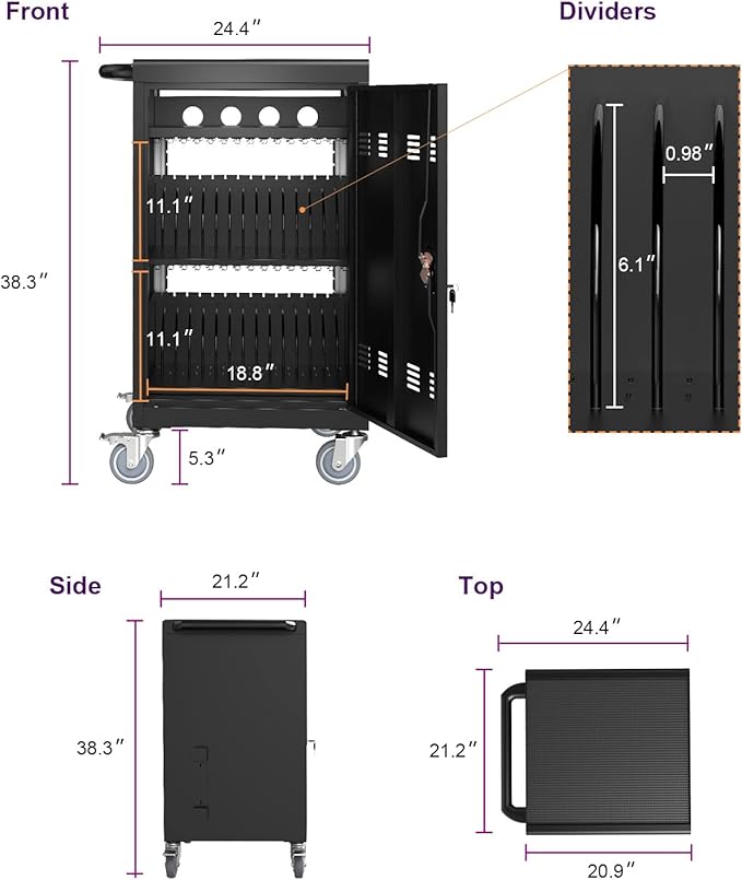 OFLILAK 30-Device Mobile Charging Cart with Charging Power Strip and Front and Rear Access Locks, Cable Management, Up to 17"", Safe Charging Cabinet for Ipads, Chromebooks, Tablets, Laptops Black