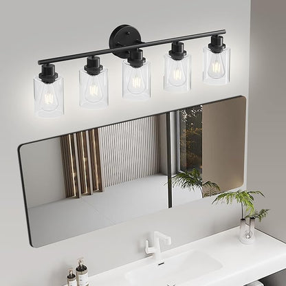 Guliaofo 5-Light Black Bathroom Vanity Lights, E26 Modern Bathroom Light Fixtures with Clear Glass Shade, Mirror Kitchen Hallway Cabinet Living Room Sconces Wall Lights