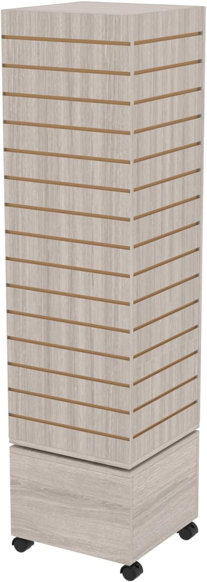 16" W * 16" D * 62" H - Slatwall Tower, Four Panel Slatwall Retail Fixture, Rotating Retail Display Rack (Gray Wood Grain)