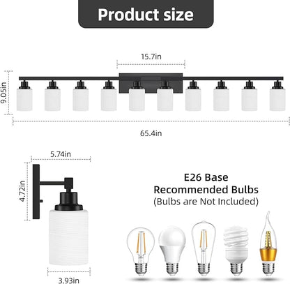DIKAIDA 10 Light Bathroom Vanity Lights Over Mirror, 65.4 inch Black Vanity Lights Fixtures with White Glass Shades Matte Black Modern Vanity Lights Black Bathroom Wall Lighting for Mirror Bedroom