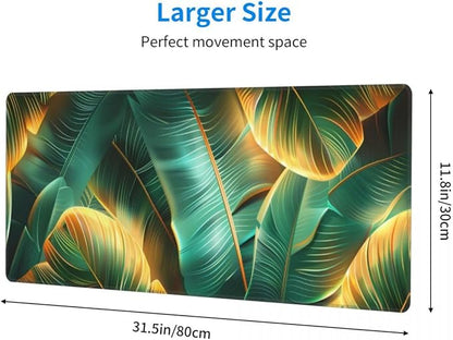 CANFLASHION Desk Pad,Office Desk Mat 31.5"×11.8" Large Gaming Mouse Pad,Durable Extended Computer Mouse Pad,Waterproof Thick Big Mouse Pads with Non-Slip Rubber Base Office Home Gold Green Palm Leaves