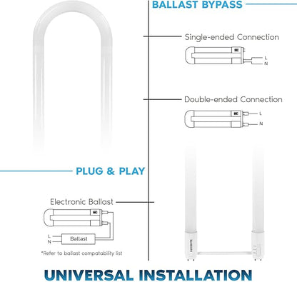 Luxrite U Bend LED Tube Light, T8 T12, 17.5W (32W Equivalent), 3 Colors 3500K | 4000K | 5000K, 2100 Lumens, Fluorescent Light Tube Replacement, Direct or Ballast Bypass, UL Certified, G13 Base, 6-Pack