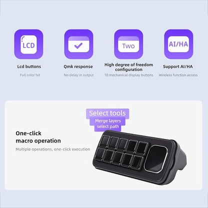 VELATEMOR AI Voice Control Panel, 10 LCD Mechanical Buttons 2.01 Inch Auxiliary Screen, with AI Voice Recognition and One Key Macro, for OS X Smart Home Automation (White)