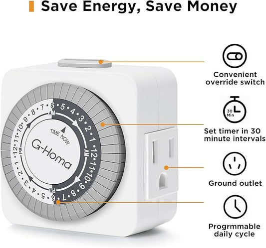 G-Homa Timers for Electrical Outlets, 24 Hour Indoor Plug-in Mechanical Timer Mini, 30 Minute Intervals, 3-Prong, Daily On/Off Cycle, for Lights, Lamps (2-Pack,ETL Listed) White