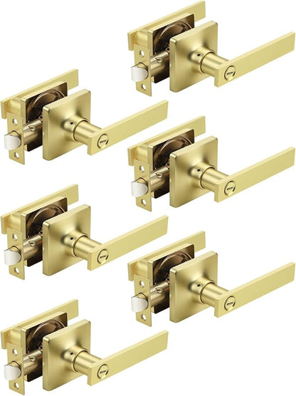 Mengico 6 Pack Gold Privacy Lever Door Handle Interior with Lock, Heavy Duty Square Door Lock for Bed/Bath, Keyless Door Locksets, Reversible for Left Right Handed Doors