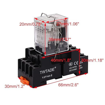 TWTADE/AC 12V Relay 5A Electromagnetic Power Coil Relay 14 Pins 4PDT 4NO+4NC HH54P MY4J with Indicator Light & Socket Base -YJ4N-GS