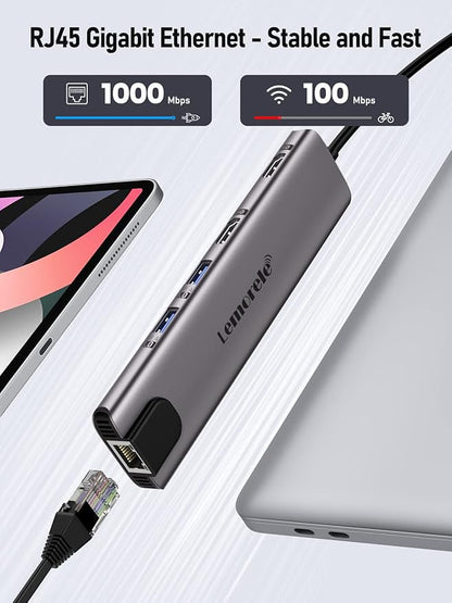 Aluminum Docking Station USB-C Hub with 2 HDMI, Gigabit Ethernet, 4 USB A, USB-C 3.0, PD 100W, SD/TF, 1000Mbps RJ45 LAN Dock Adapter for MacBook Docking Station Laptop, Supports 2 Monitor