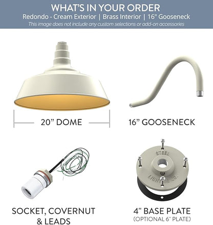 Steel Lighting Co. Large Outdoor Barn Light | Gooseneck Light Fixture | Made in America from 18-Gauge Steel | 20" Dome | 16" Gooseneck Cream Exterior/Brass Interior