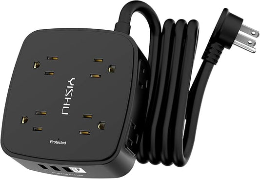 6 Ft Surge Protector Power Strip - 8 Widely Outlets with 4 USB Ports, 3 Side Outlet Extender with 6 Feet Extension Cord, Flat Plug, Wall Mount, Desk USB Charging Station, ETL,Black