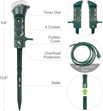 BN-LINK Outdoor Power Stake Timer with Mechanical, 6 Grounded Outlets - 6 ft Cord, Weatherproof for Outdoor Lamps Lights 1875W/15A ETL Listed
