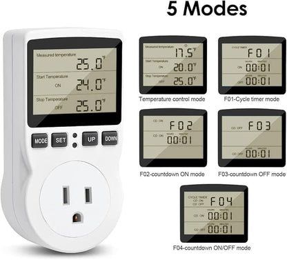 Diymore 1800W Plug in Thermostat Temperature Controller Electric Digital RV Thermostats Heating Cooling Control Mode Timer White 120V 15A Digital Temperature Controller Thermostat Timer LCD Display