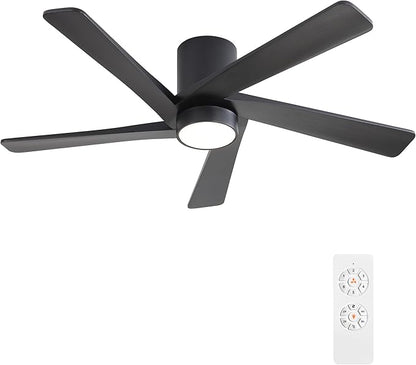 WINGBO 48 Inch Flush Mount DC Ceiling Fan with Lights and Remote, 5 Reversible Carved Wood Blades, 6-Speed Noiseless DC Motor, Hugger Ceiling Fan in Black Finish, Low Profile Ceiling Fans, ETL Listed