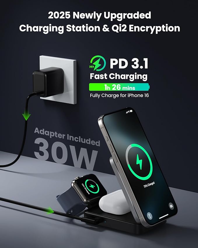 3-in-1 Wireless Charger Charging Station for iPhone, Qi2 Certified 15W Fast Charging Foldable Magnetic Charger Stand with 30W USB C Adapter for MagSafe iPhone 16/15/14/13/12, Apple Watch, AirPods