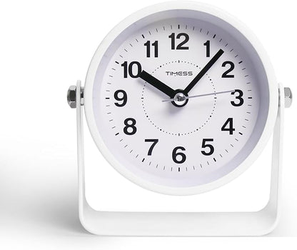 TIMESS Analog Alarm Clock, Silent Non-Ticking Quartz Movement, Battery-Operated with Snooze & On-Demand Light, Easy to Set Gentle Wake Bedside Desk Clock, Ideal for Home, Travel, Office (White)