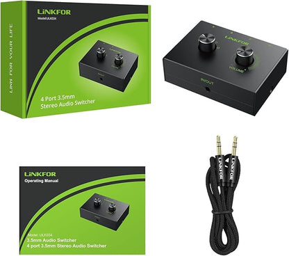 LiNKFOR 4 Port 3.5mm Stereo Audio Switch, 4 Way Stereo Audio Selector, 4 Input 1 Output / 1 Input 4 Output Audio Splitter with Volume Control and 4 Channel Switch Knob