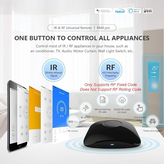 BroadLink RM4 pro Smart Remote and Sensor Cable Set RM4 pro S (2.4 GHz Wi-Fi Only), Universal IR RF Remote Control Hub with Temperature Humidity Monitor USB Cable, Works with Alexa & IFTTT