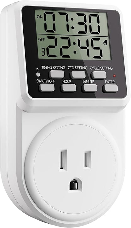 Techbee Digital Infinite Repeat Cycle Intermittent Timer Plug for Electrical Outlet, 24 Hour Programmable Indoor Timed Power Switch with Countdown Delay On and Off (120V, 15A), 1 pack
