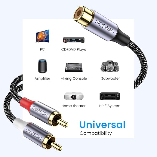 MOSWAG RCA Splitter, 1 Female to 2 Male, RCA Y Splitter Audio Video Cable Splitter Adapter for Amplifiers, Gaming Consoles, CD Player, Subwoofer, Home Theater, HDTV