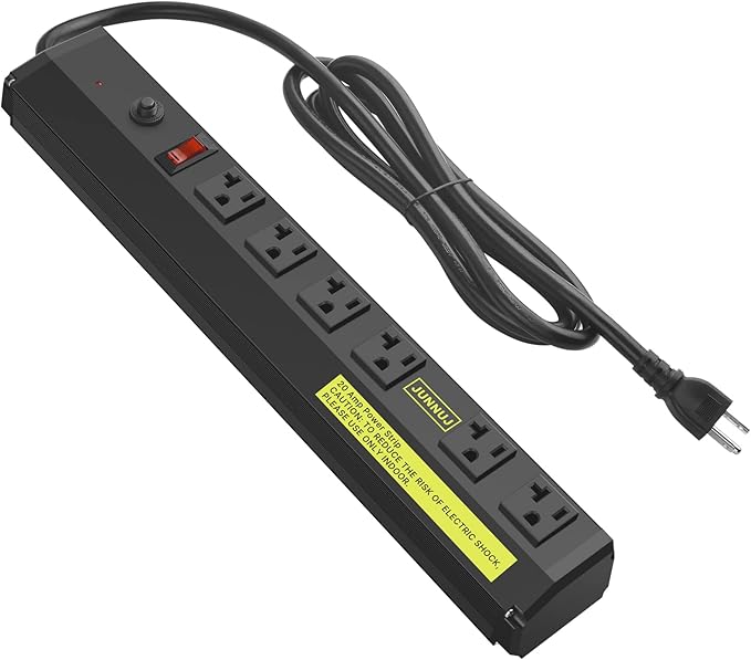 JUNNUJ Heavy Duty 20 Amp Power Strip 4800J, High Amp Surge Protector 6 Outlet, 20A Power Strips Workshop Industrial Outlets Wide Spaced 6-20R T-Slot with Circuit Breaker, 12 Gauge Extension Cord 6ft