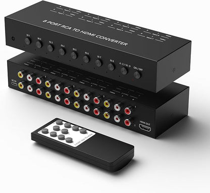 RuiPuo 8Port AV to HDMI Converter Adapter Support 16:9/4:3 Switch for Wii/N64/PS1/PS2/PS3/VHS/VCR/DVD Players etc (8Port RCA in to 1 HDMI Converter with IR Remote)