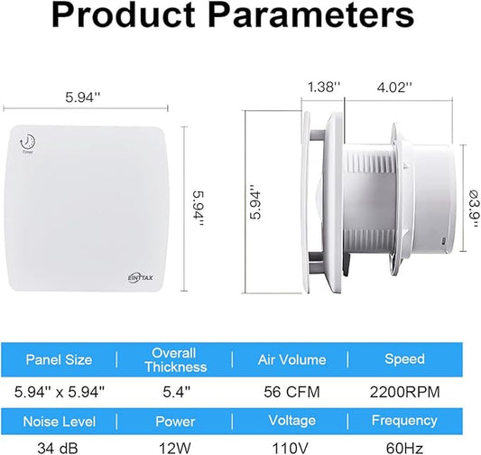 EINTTAX 4 Inch Exhaust Fan, 56CFM Wall Mount Bathroom Exhaust Fan with Timer and Backdraft Damper, Quiet Window Mount Extractor Ventilation Fan for Bathroom Kitchen Garage, 12W, White