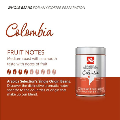 illy Whole Bean Coffee, Colombia Single Origin Medium Roast, 100% Arabica, Premium Italian Coffee, Ideal for Espresso, Drip, Moka and French Press Brewing, 8.8oz, 6 Pack