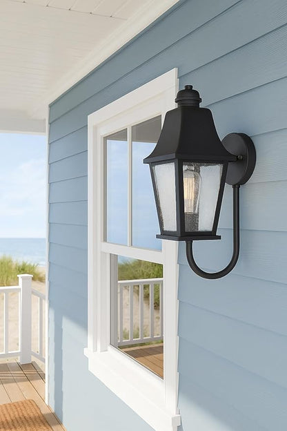 Hinkley Kingston Single Light Wall Mount Outdoor Lantern - Oversized Sweeping Roof & Bottom Arm, Aluminum, Clear Seedy Glass - Black Finish