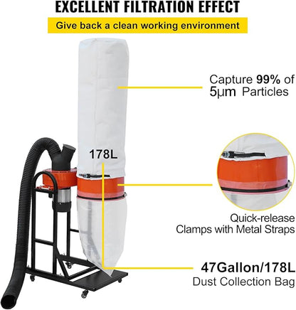 VEVOR 1.5 HP Dust Collector, 716 CFM, Portable Vortex Dust Collector, with 47 Gallon Collection Bag and Mobile Base, 120V, 3400 RPM, 5μm Canister Filter Kit, for Woodworking Dust Collection System